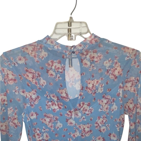 Lush Girly pop Floral Cherry Blossom Mesh Sheer Blue Long Sleeve Dress w/ shorts - Picture 4 of 7